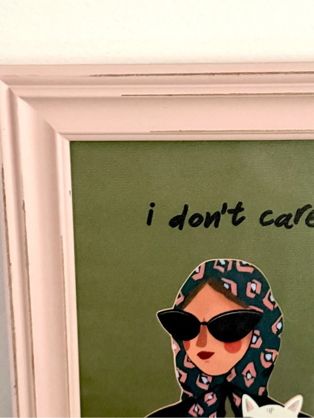 “I Don’t Care” Cat Lady Vintage Style Framed Wall Art Print Pink Green 10.5x12.5